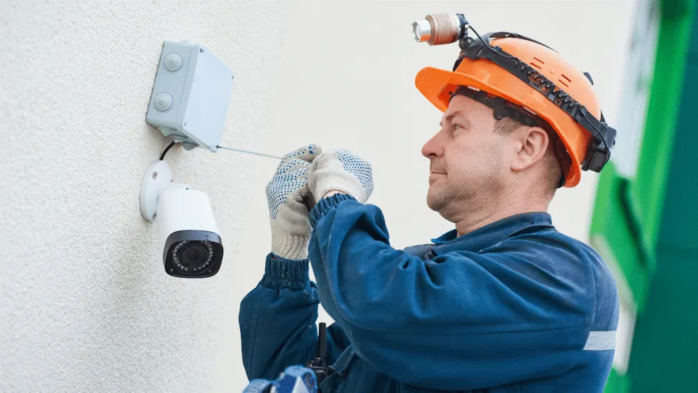 Técnico instalando una cámara en un muro