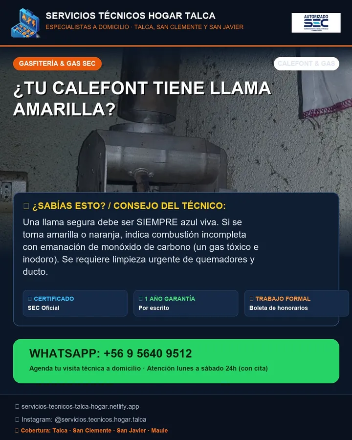 Pieza informativa sobre el calefont con llama amarilla