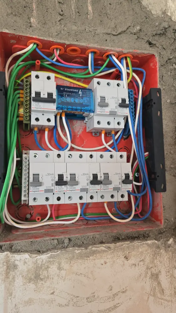 Tablero rojo en obra gruesa con diferenciales y automáticos