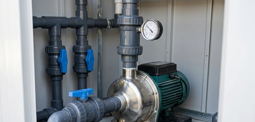Bomba centrífuga de acero inoxidable con manómetro y llaves de paso en una caseta
