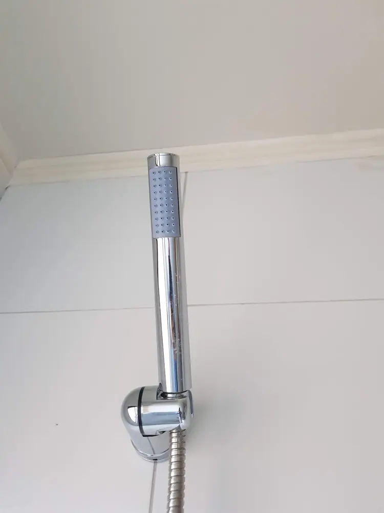 Teleducha cromada en su soporte de muro
