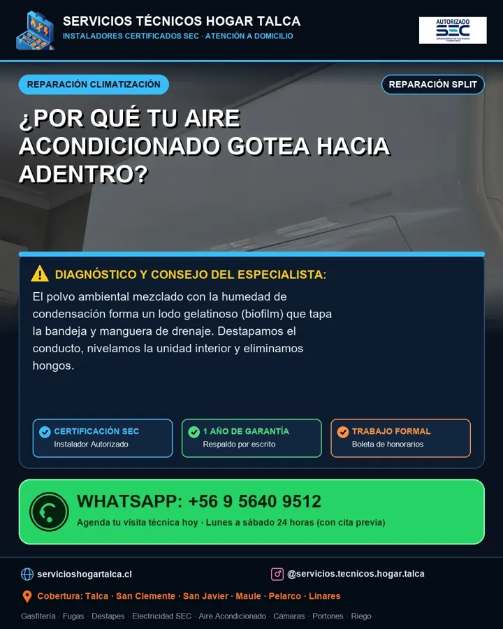 Anuncio educativo sobre el aire acondicionado que gotea hacia adentro