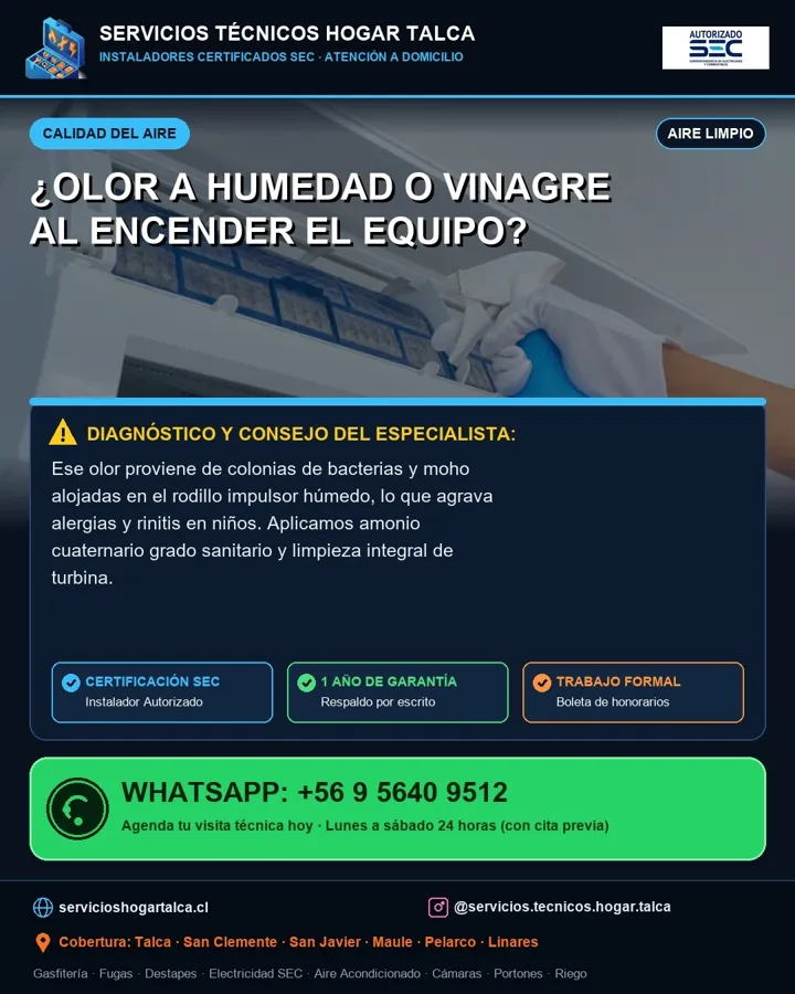 Anuncio educativo sobre el olor a humedad del aire acondicionado
