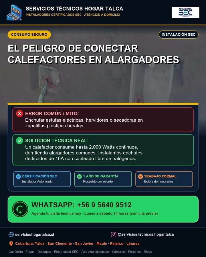 Anuncio educativo sobre el peligro de conectar calefactores en alargadores