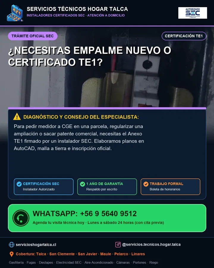 Anuncio educativo sobre el certificado TE1 y el empalme nuevo