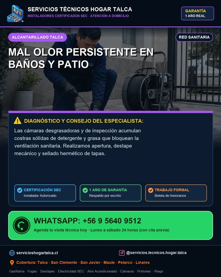 Anuncio educativo sobre el mal olor persistente en baños y patio
