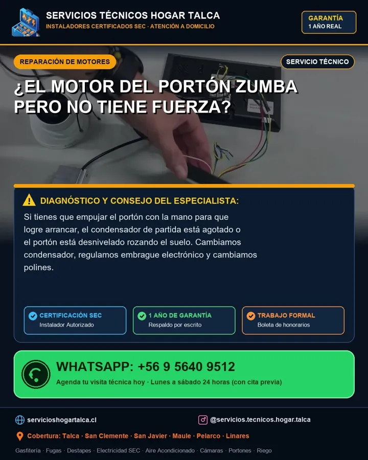 Anuncio educativo sobre el motor de portón que zumba pero no tiene fuerza