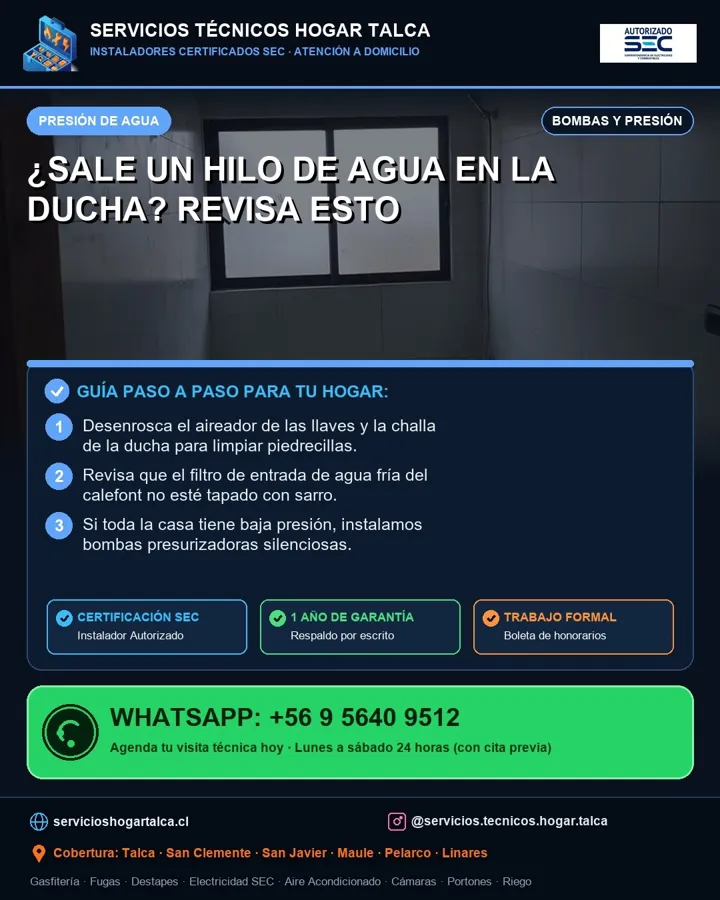 Anuncio educativo sobre la baja presión de agua en la ducha
