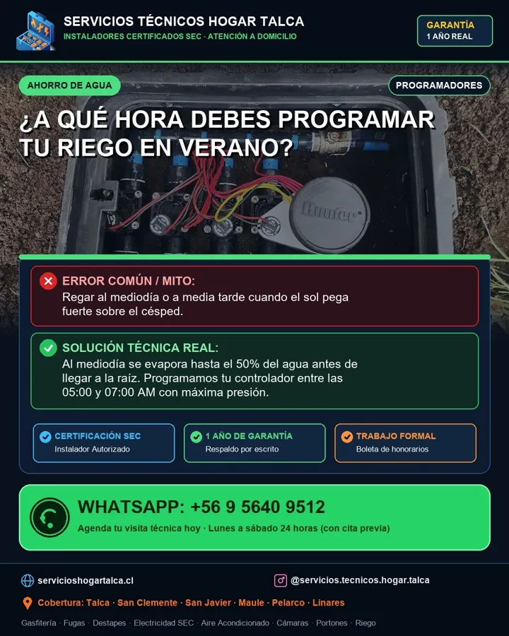 Anuncio educativo sobre a qué hora programar el riego en verano