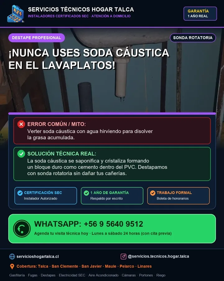 Anuncio educativo sobre por qué no usar soda cáustica en los desagües