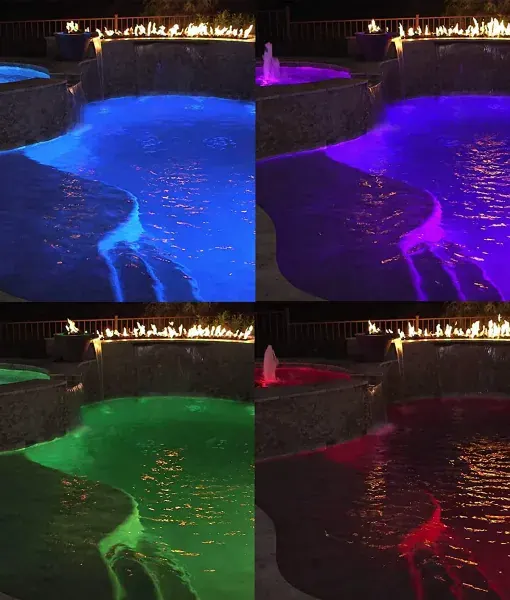 Piscina iluminada con focos LED en azul, morado, verde y rojo