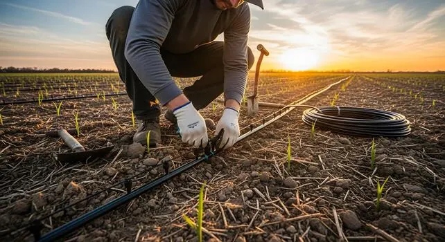 Técnico instalando una línea de riego por goteo en el suelo